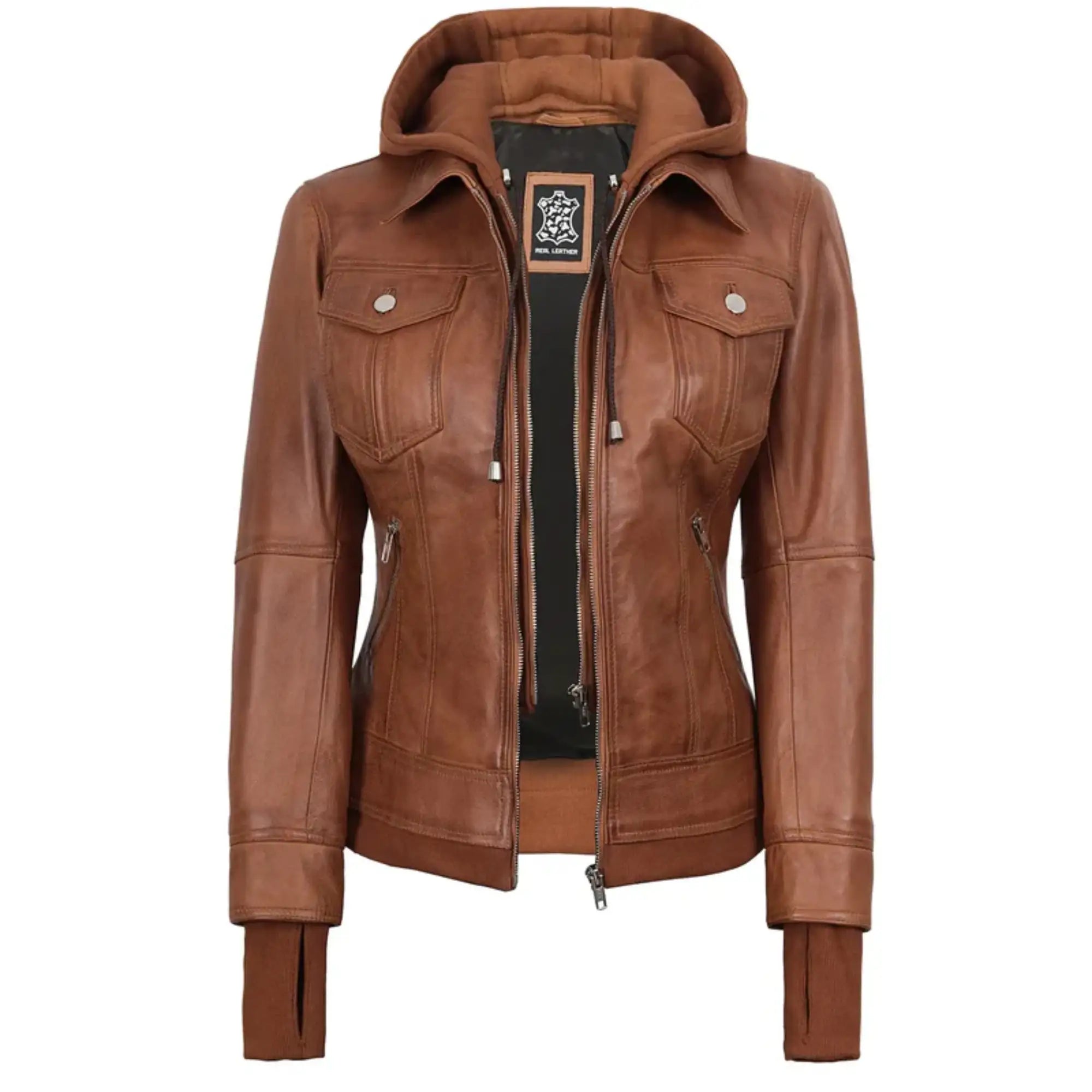 Brown leather jacket with a brand label on a white background