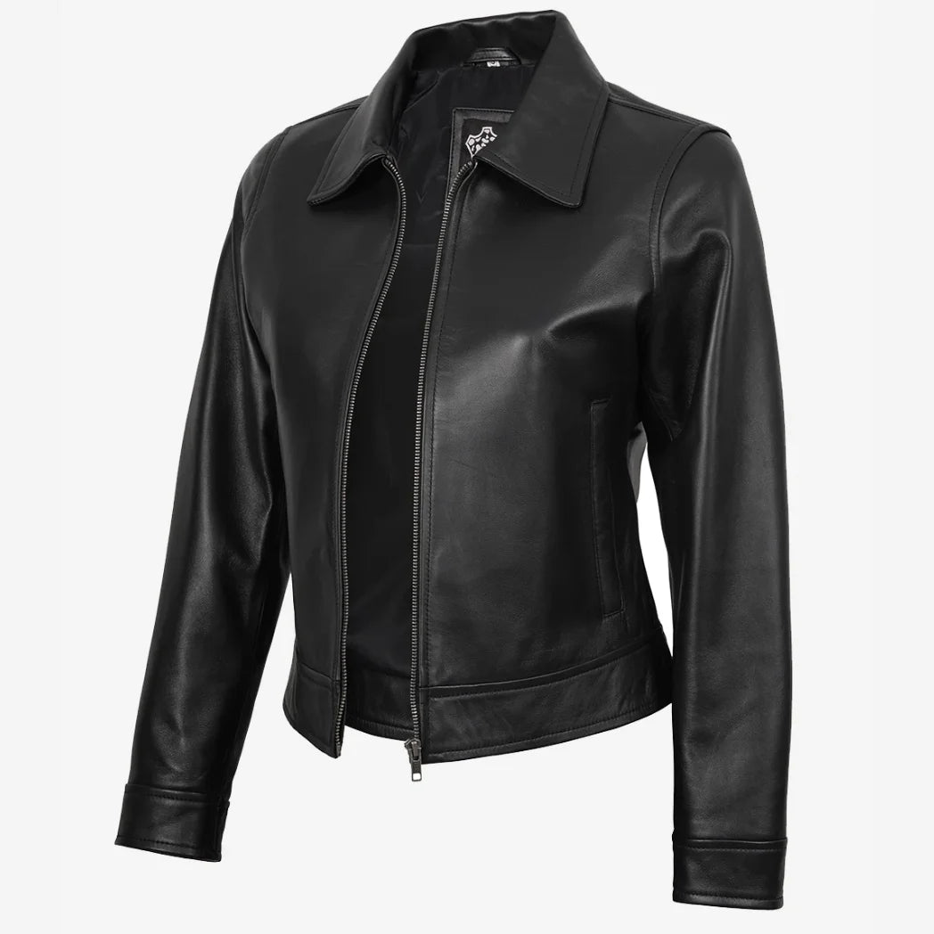 Women's Black Shirt Collar Harrington Leather Jacket
