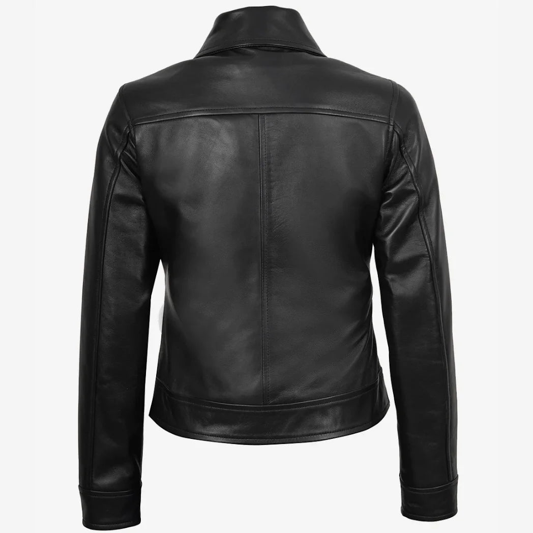 Women's Black Shirt Collar Harrington Leather Jacket