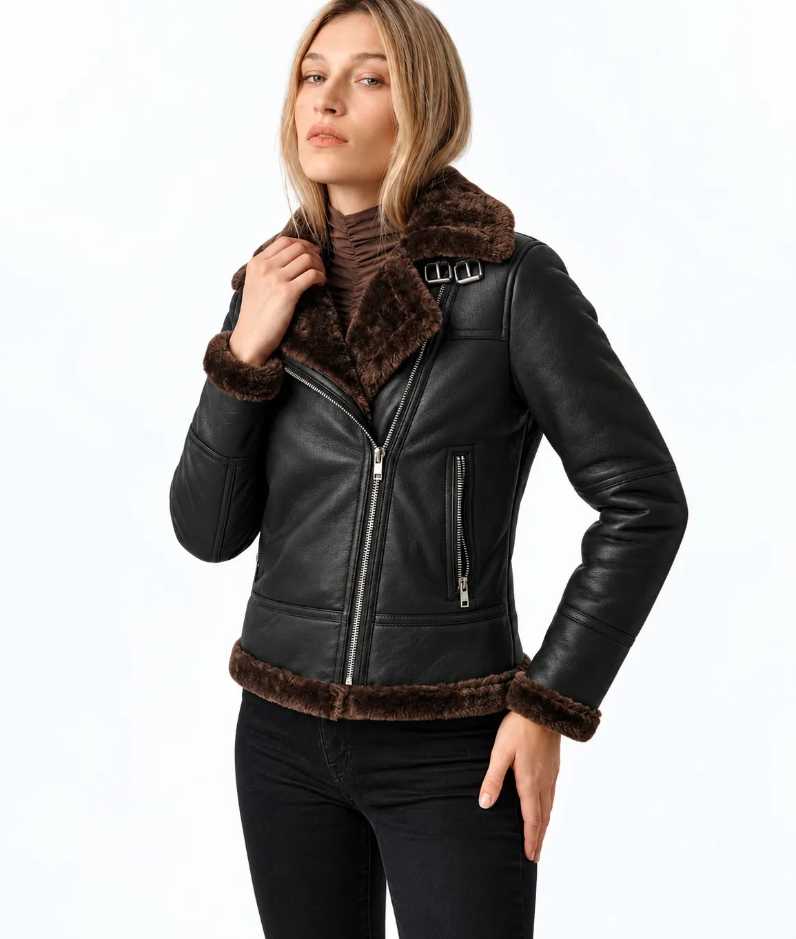 Womens Dark Brown Shearling Bomber Leather Jacket