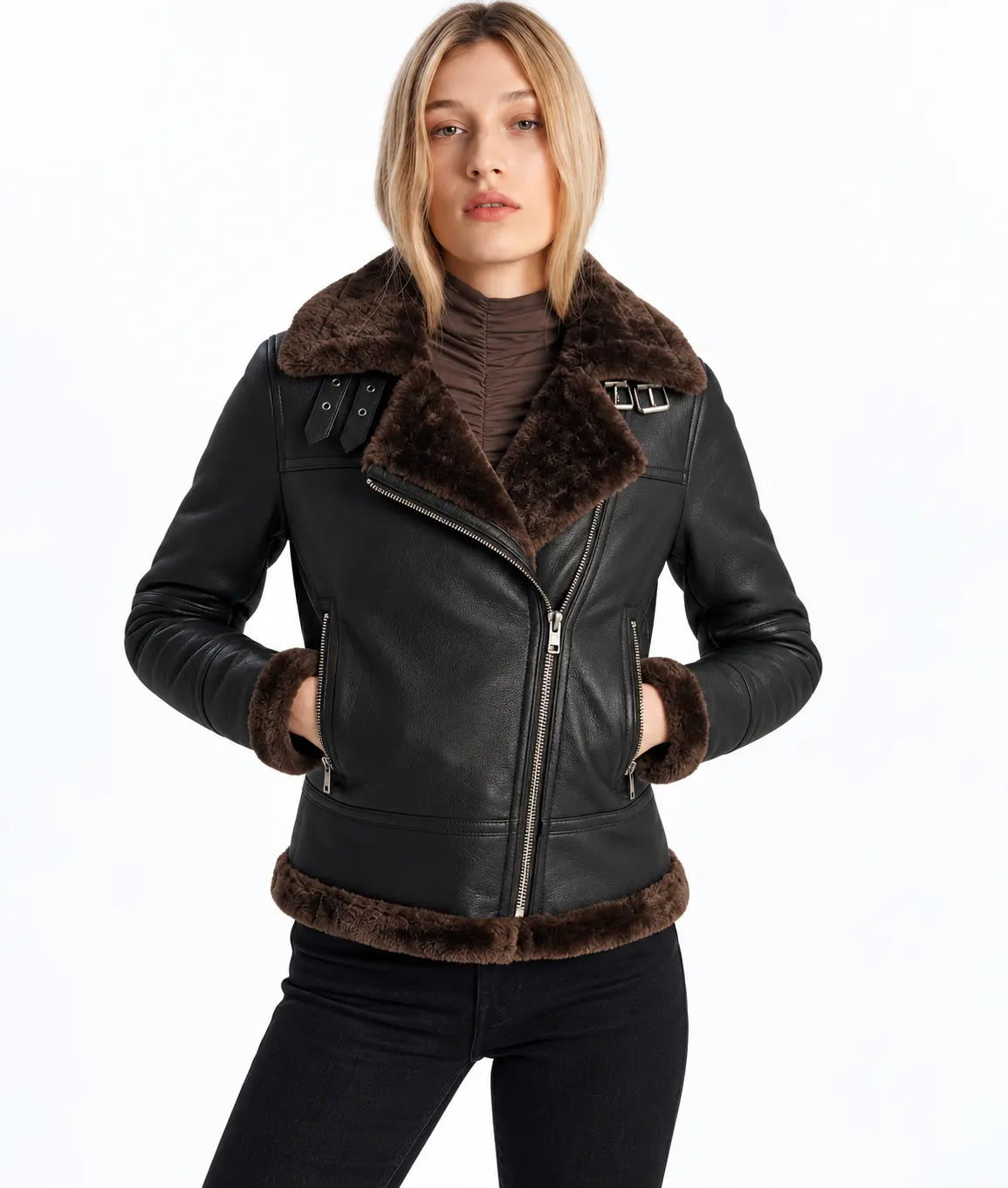 Womens Dark Brown Shearling Bomber Leather Jacket