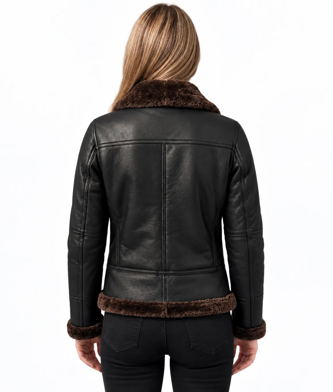 A woman viewed from the back wearing a black faux-leather jacket with brown faux-fur trim on the collar and hem, paired with black pants, against a plain white background.