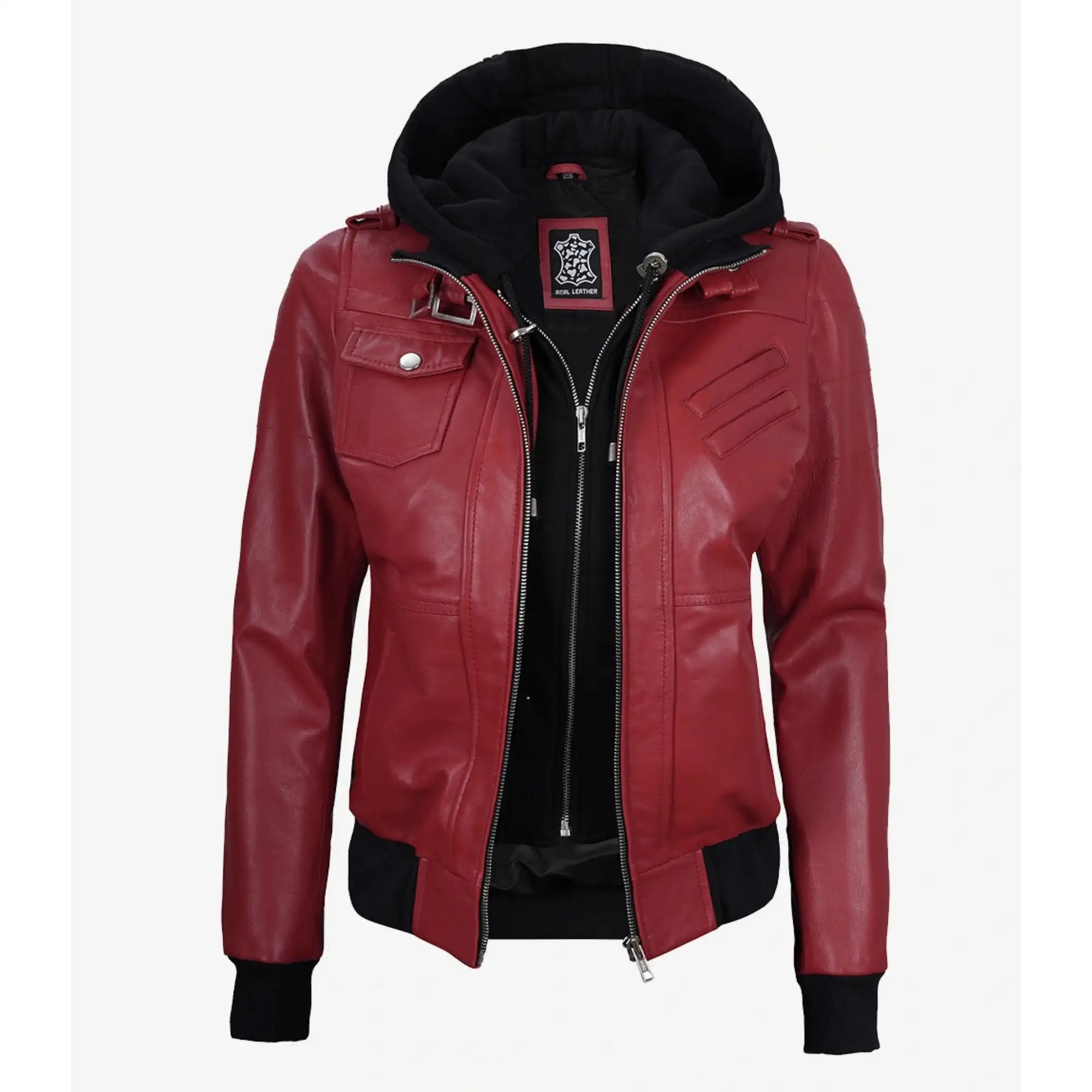 Red leather jacket with black hood on a white background