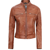 Women Tan Cafe Racer Leather Jacket on a white background