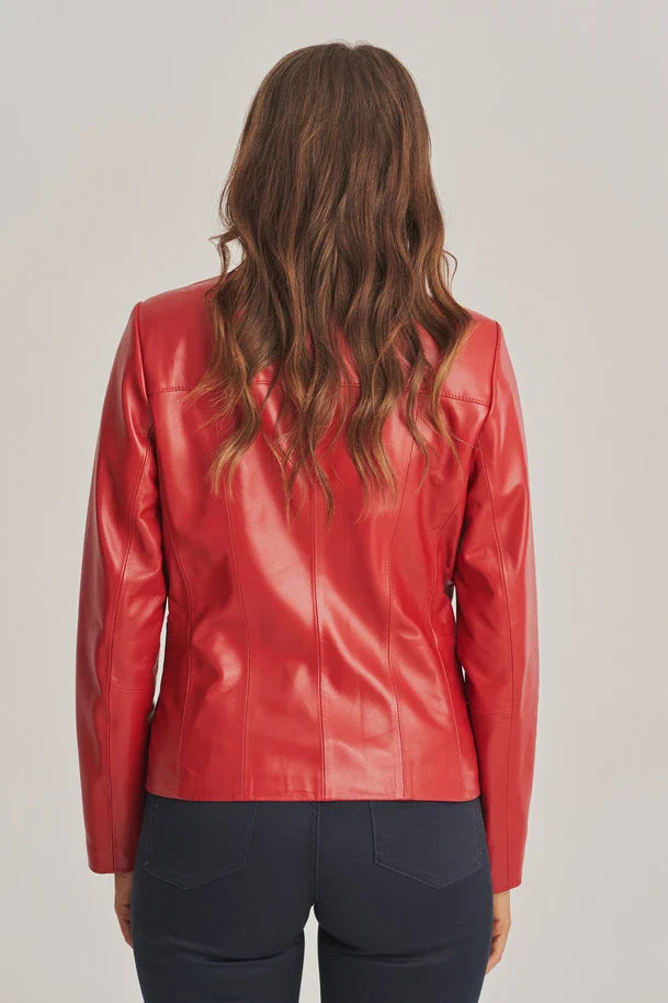 Yelira - Women's Sheepskin Collarless Red Leather Jacket