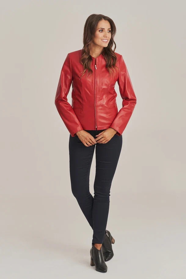 Yelira - Women's Sheepskin Collarless Red Leather Jacket