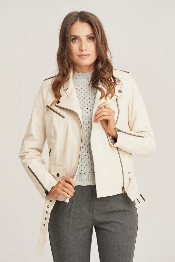 Zenyra - Women's Beige Biker Sheepskin Leather Jacket