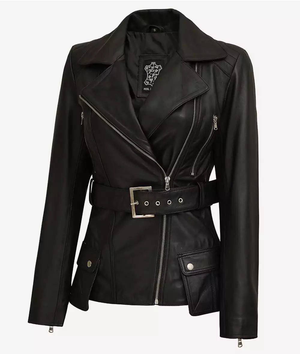 Women's Black Belted Long Biker Style Lambskin Leather Jacket