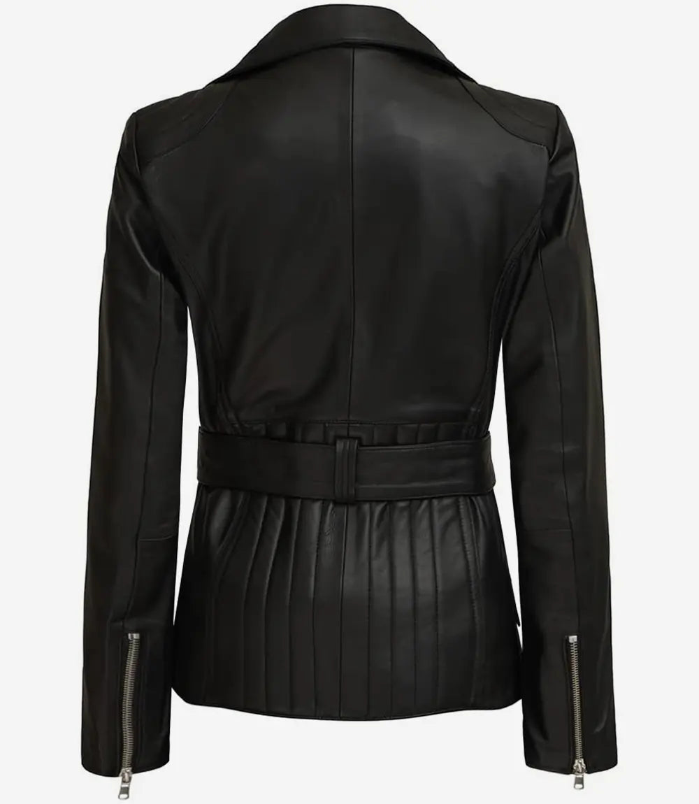 Women's Black Belted Long Biker Style Lambskin Leather Jacket
