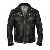 Black leather jacket with studs and zippers on a white background