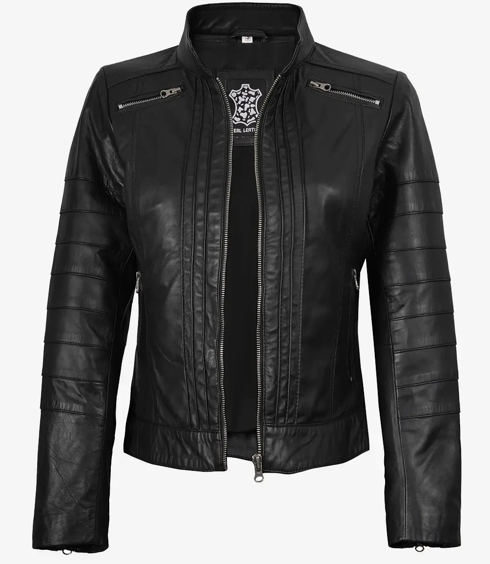 Women's Biker Style Black Sheepskin Leather Jacket