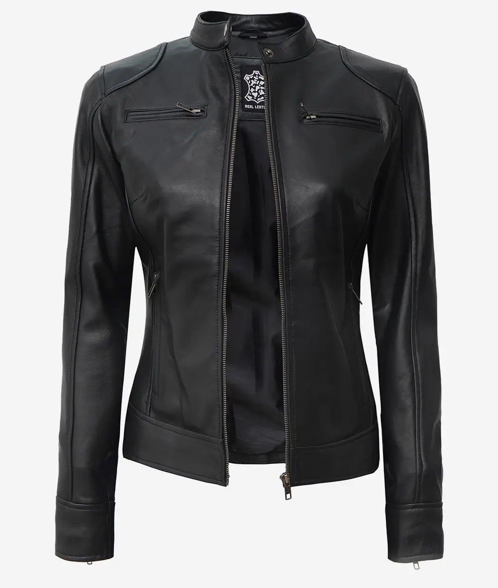 Women's Black Biker Style Sheepskin Leather Jacket