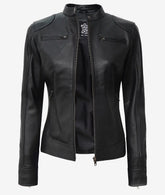 Women's Black Biker Style Sheepskin Leather Jacket