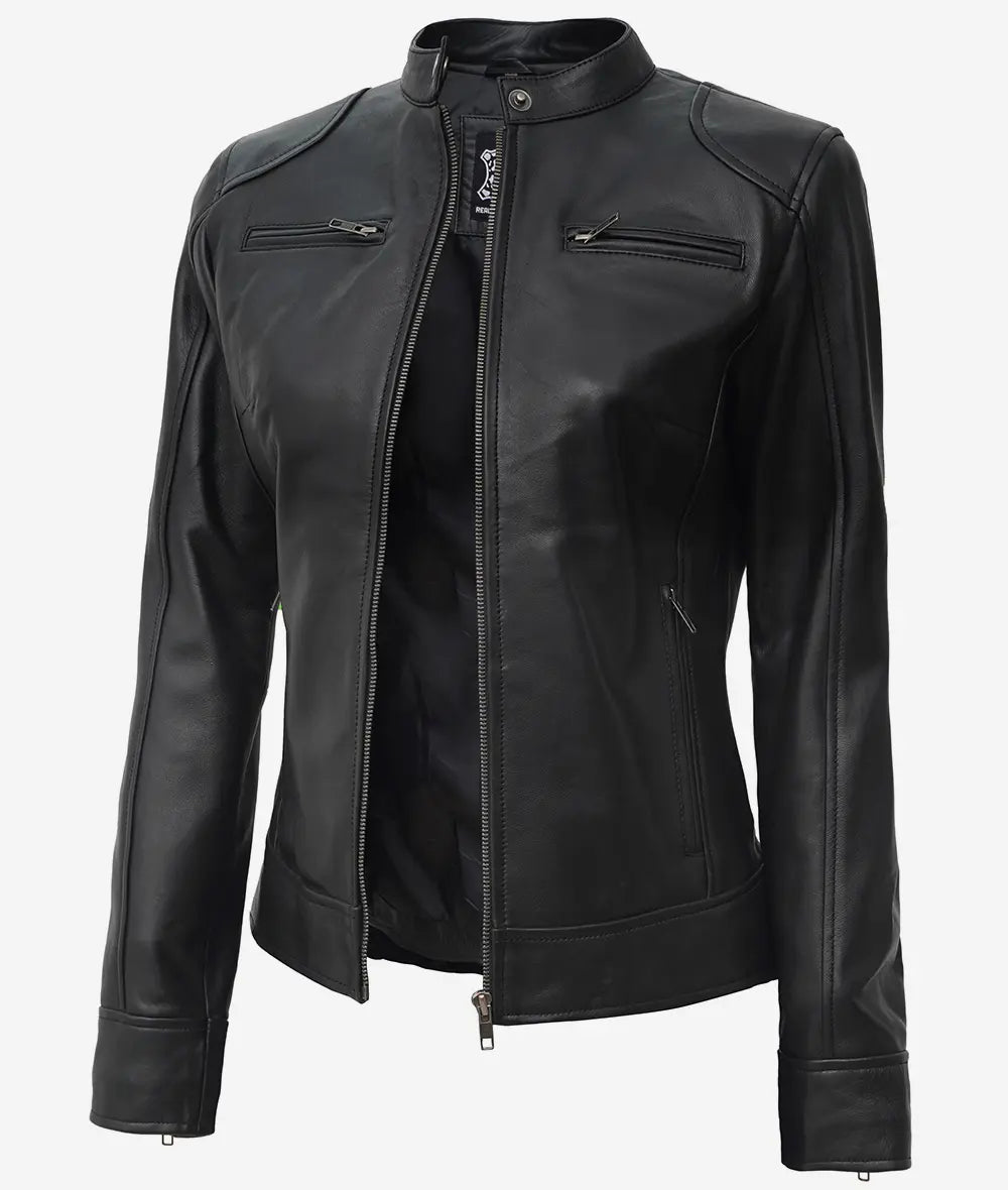 Women's Black Biker Style Sheepskin Leather Jacket
