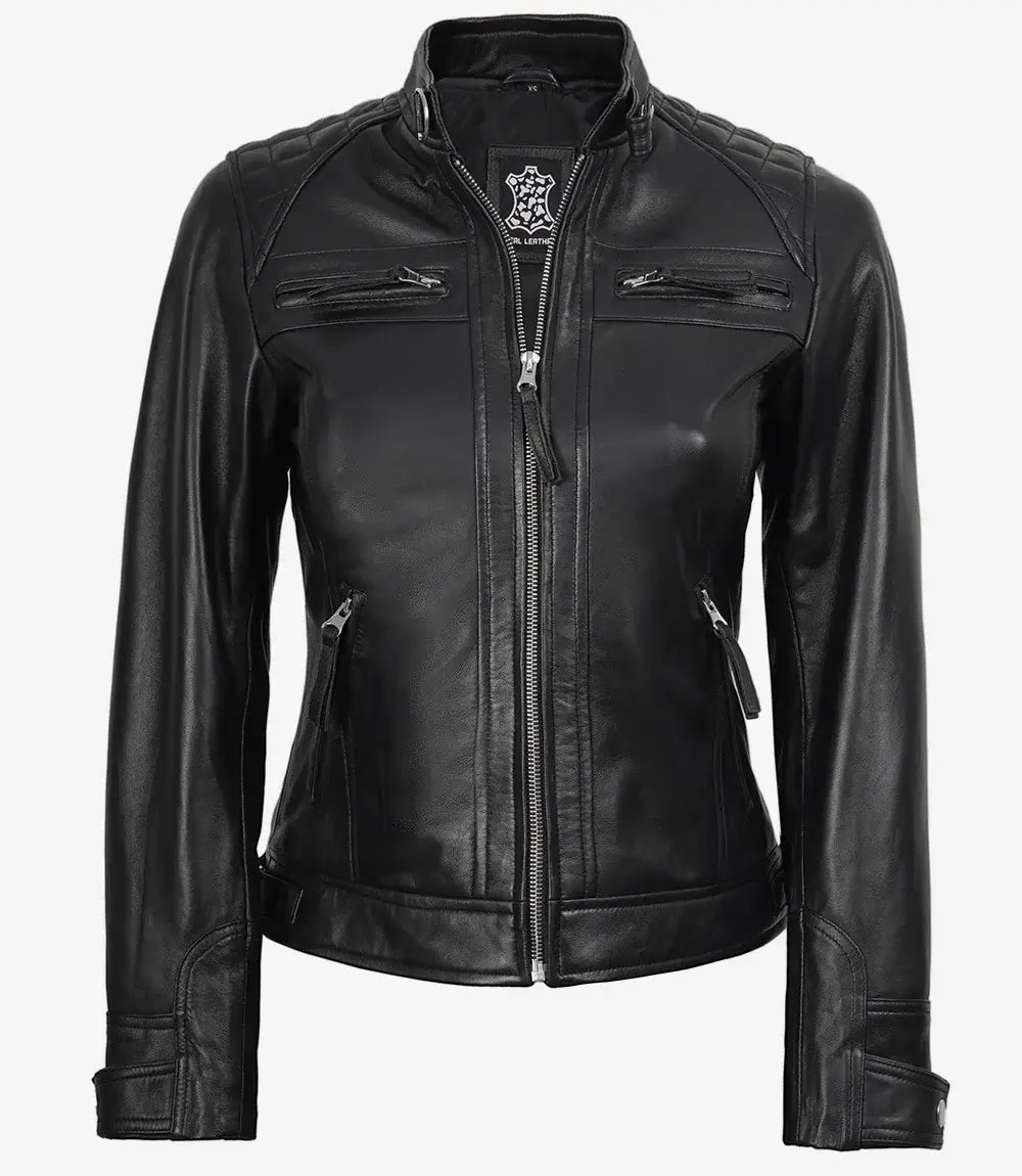 Women's Quilted Shoulder Black Leather Biker Style Jacket