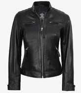 Women's Quilted Shoulder Black Leather Biker Style Jacket