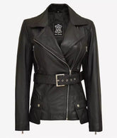 Women's Black Belted Long Biker Style Lambskin Leather Jacket