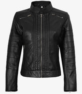 Women's Biker Style Black Sheepskin Leather Jacket
