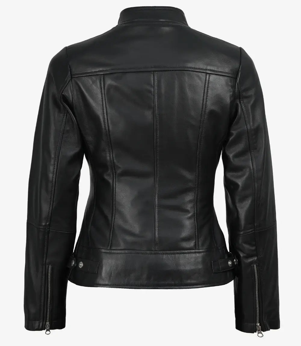 Women's Slim Fit Black Biker Style Sheepskin Leather Jacket
