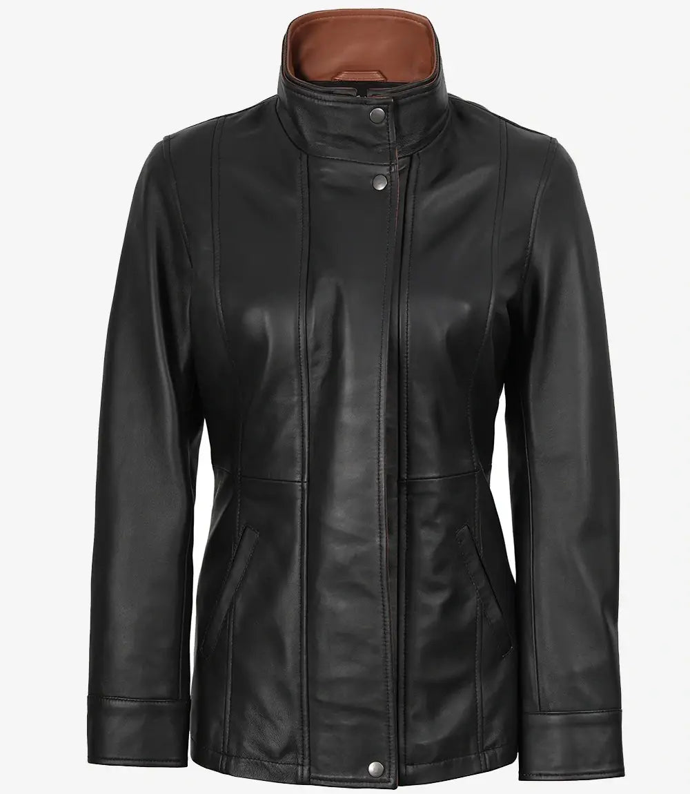 Women's High-Collar Black Lambskin Leather Jacket