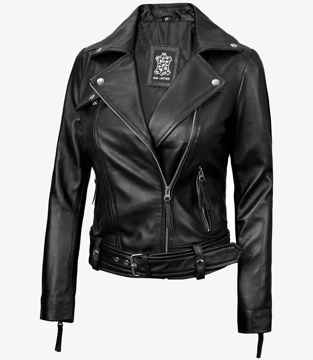 Women's Asymmetrical Biker Style Black Leather Jacket