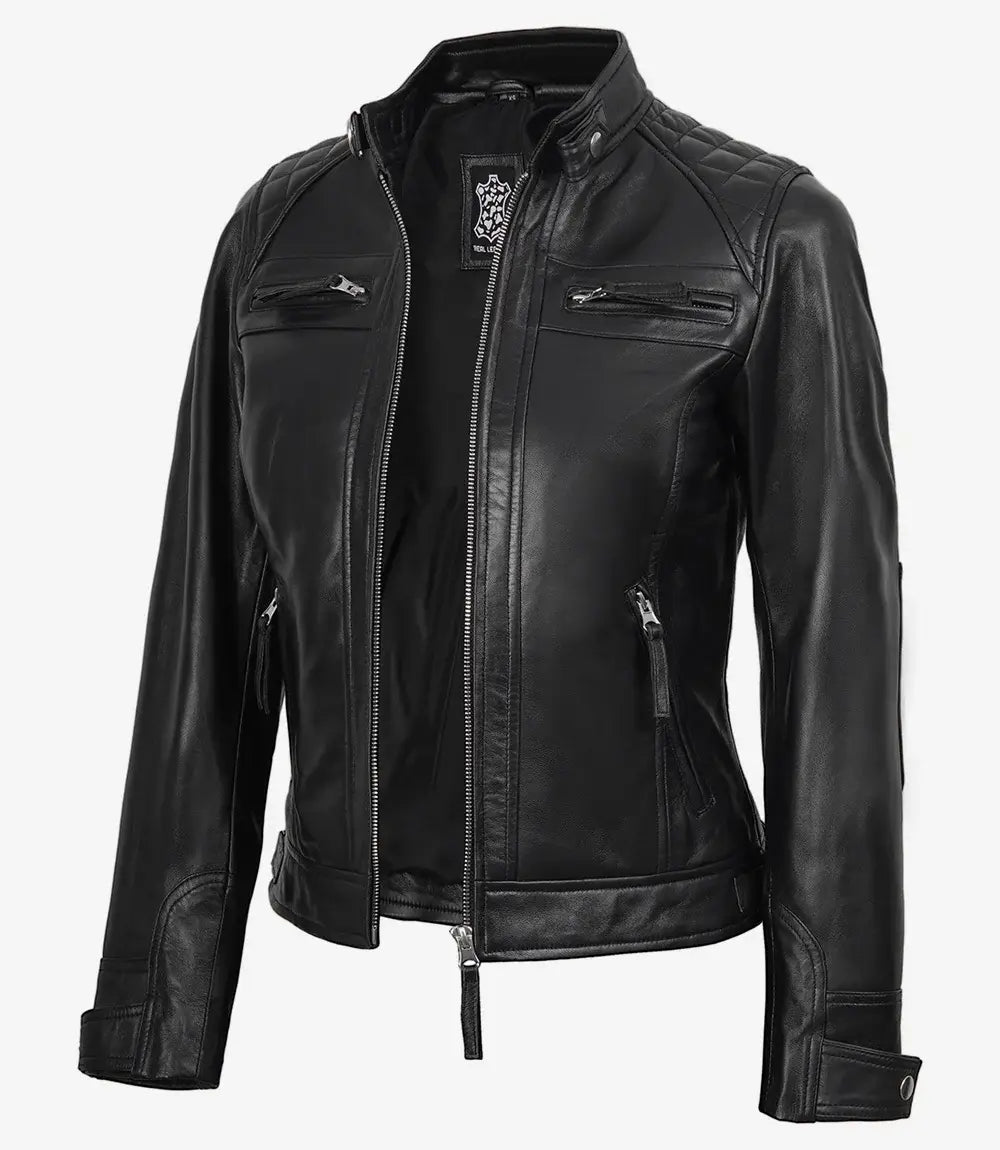 Women's Quilted Shoulder Black Leather Biker Style Jacket