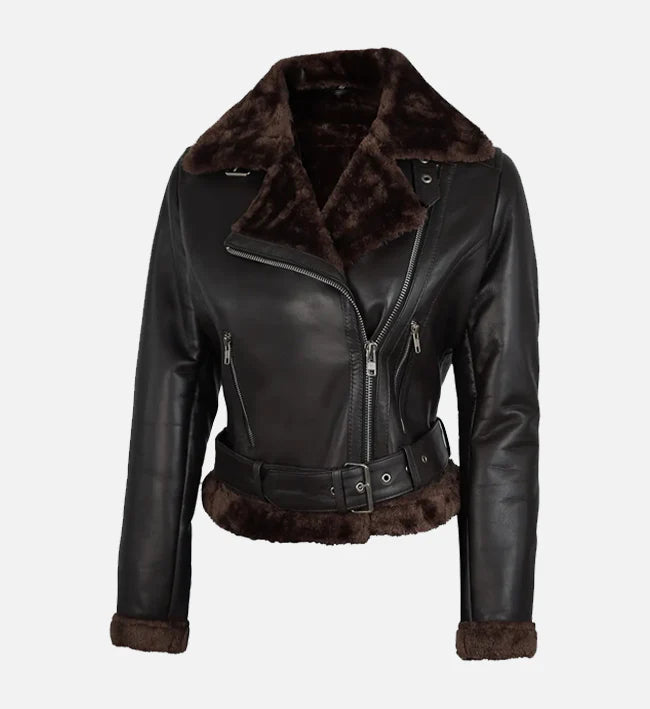 Women's Biker Style Black Shearling Leather Jacket