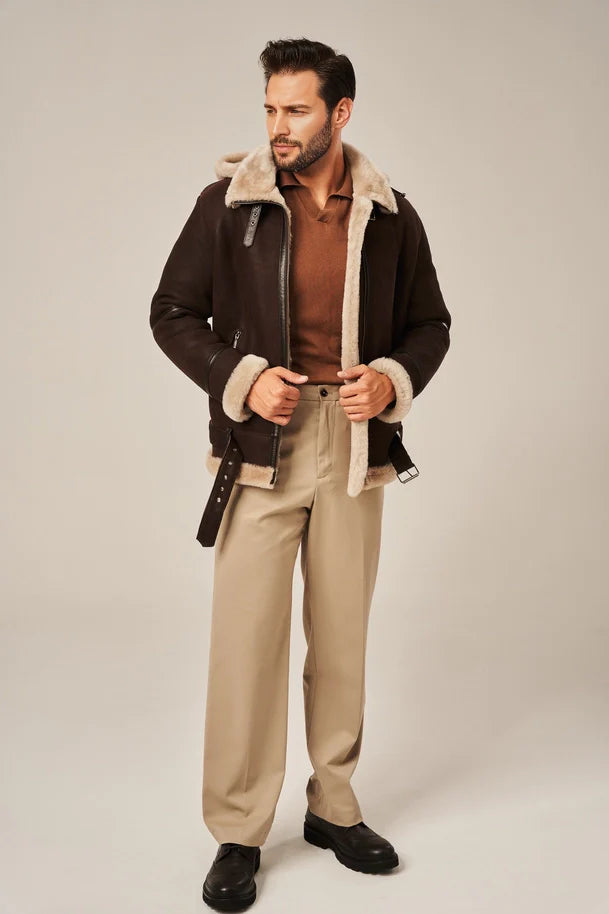 Alden - Men's Brown Leather Shearling Jacket with Hood