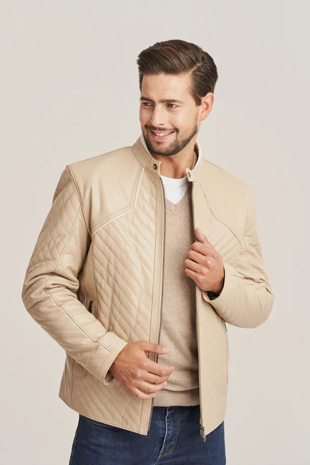 Men's Beige Sheepskin Quilted Leather Jacket