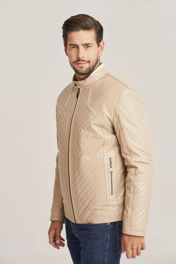 Aldric - Men's Beige Sheepskin Quilted Leather Jacket