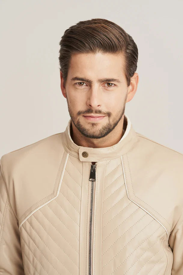 Aldric - Men's Beige Sheepskin Quilted Leather Jacket