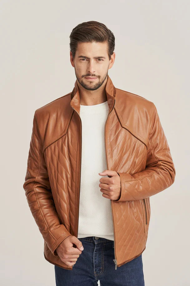 Men's Brown Sheepskin Quilted Leather Jacket