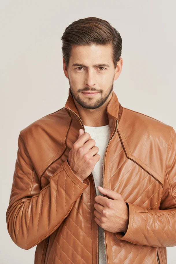 Aldric - Men's Brown Sheepskin Quilted Leather Jacket