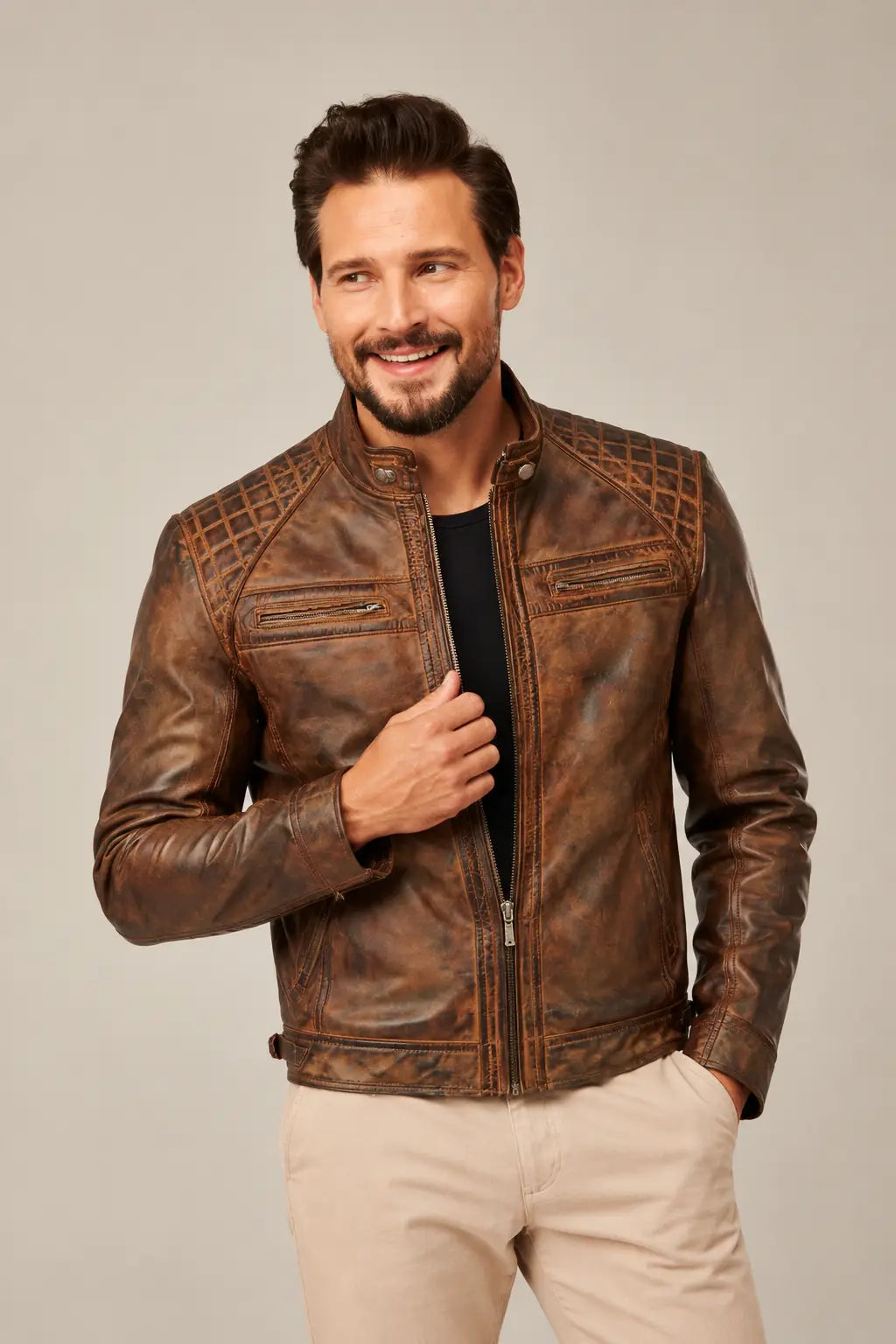 Alex men’s distressed brown cafe racer leather jacket with diamond-stitched shoulders, snap-tab collar and two chest zippers.