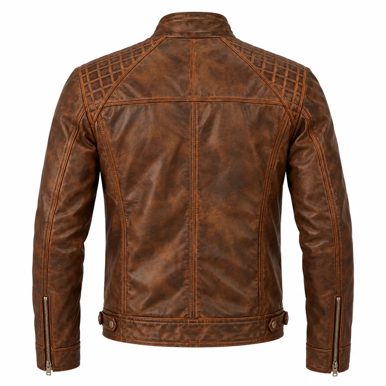 Rear view of Alex distressed brown leather jacket showing diamond-stitched shoulders, back panel seams, snap waist tabs and zip cuffs.