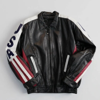 American Flag Sheepskin Leather Bomber Jacket For Men