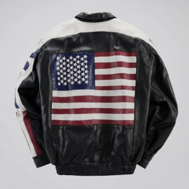 American Flag Sheepskin Leather Bomber Jacket For Men