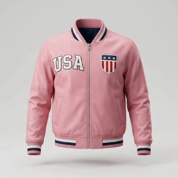 American Flag Sheepskin Leather Pink Bomber Jacket