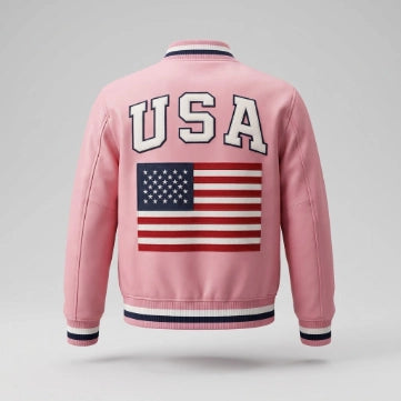 American Flag Sheepskin Leather Pink Bomber Jacket