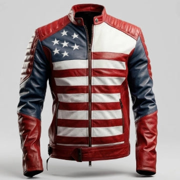 American Flag Style Sheepskin Leather Jacket For Men