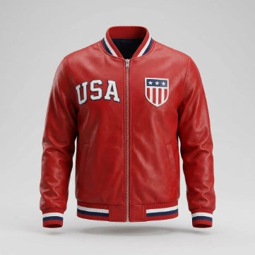 American Flag Sheepskin Leather Bomber Jacket