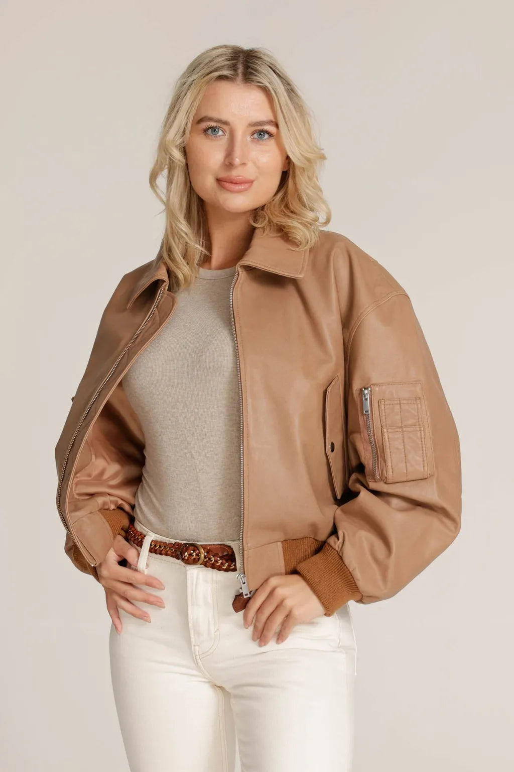 Aurelia - Women's Camel Brown Sheepskin Leather Bomber Jacket