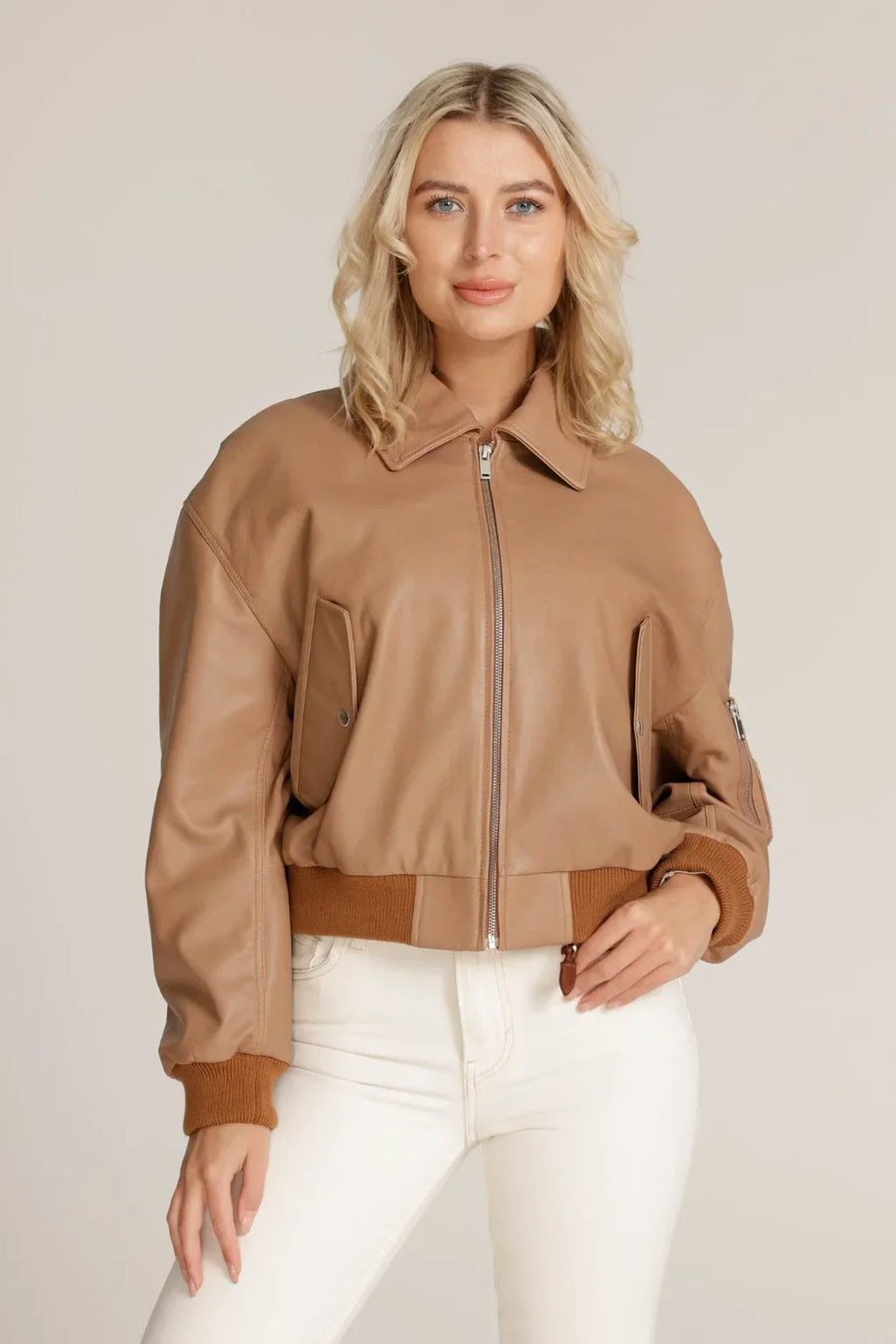 Women's Camel Brown Sheepskin Leather Bomber Jacket