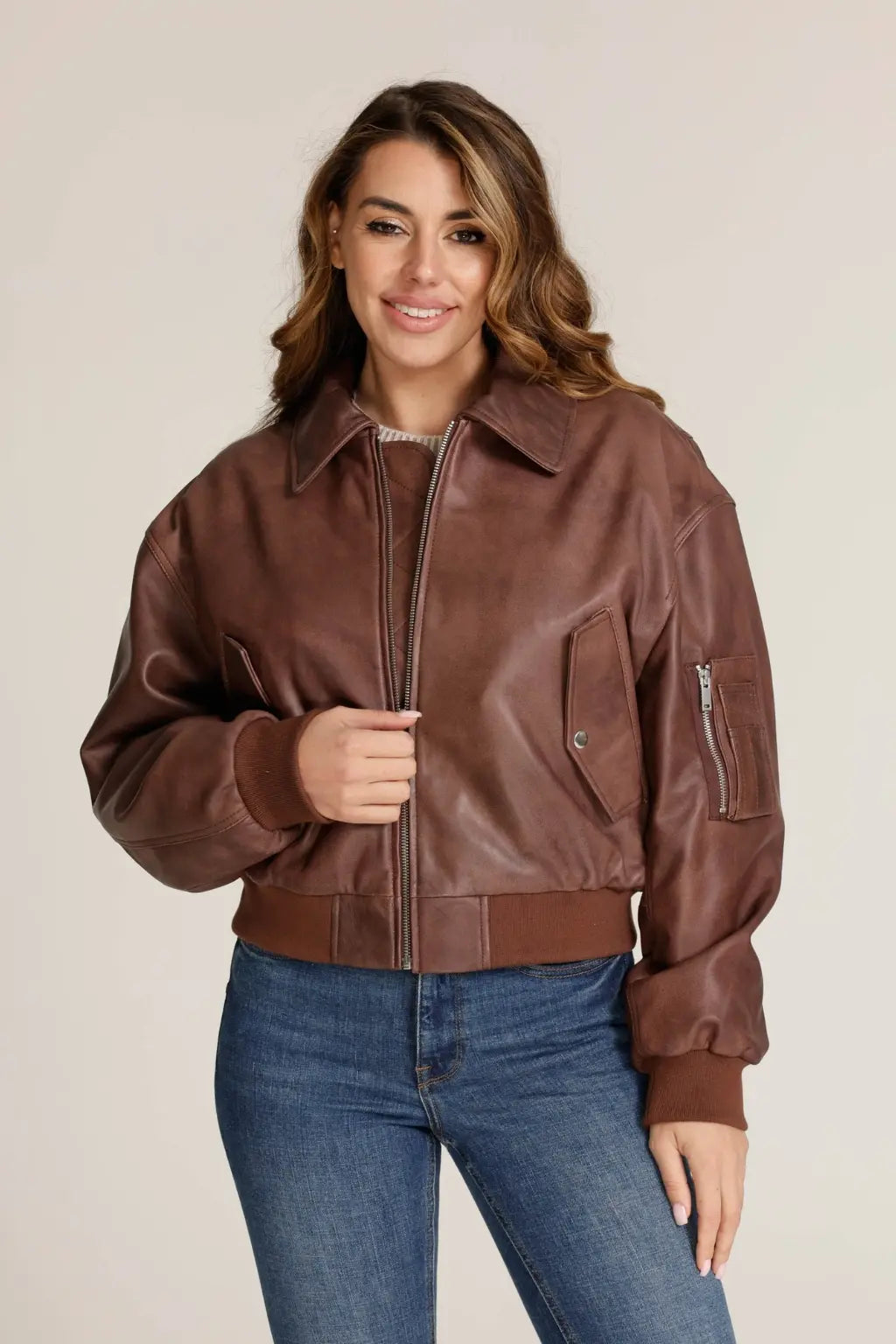 Aurelia - Women's Dark Brown Sheepskin Leather Bomber Jacket