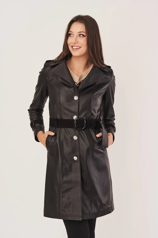 Women's Sheepskin Leather Coat in Black