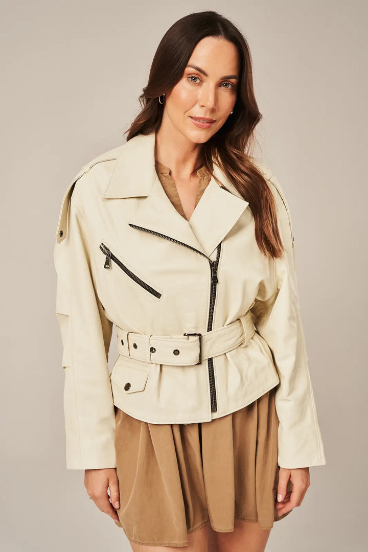 Women's Beige Leather Biker Jacket – Unwind Leather