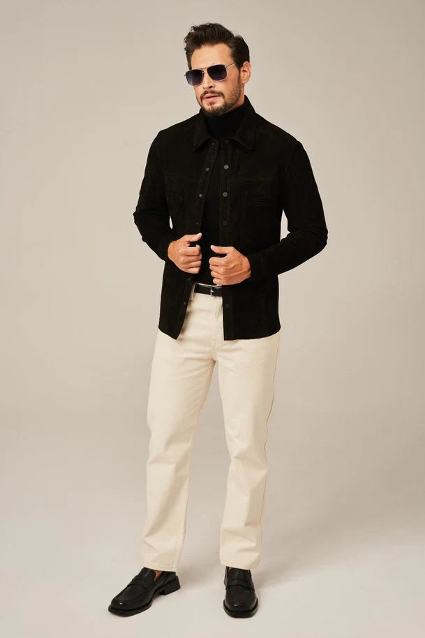 Averon -  Men's Black Suede Leather Shirt Jacket