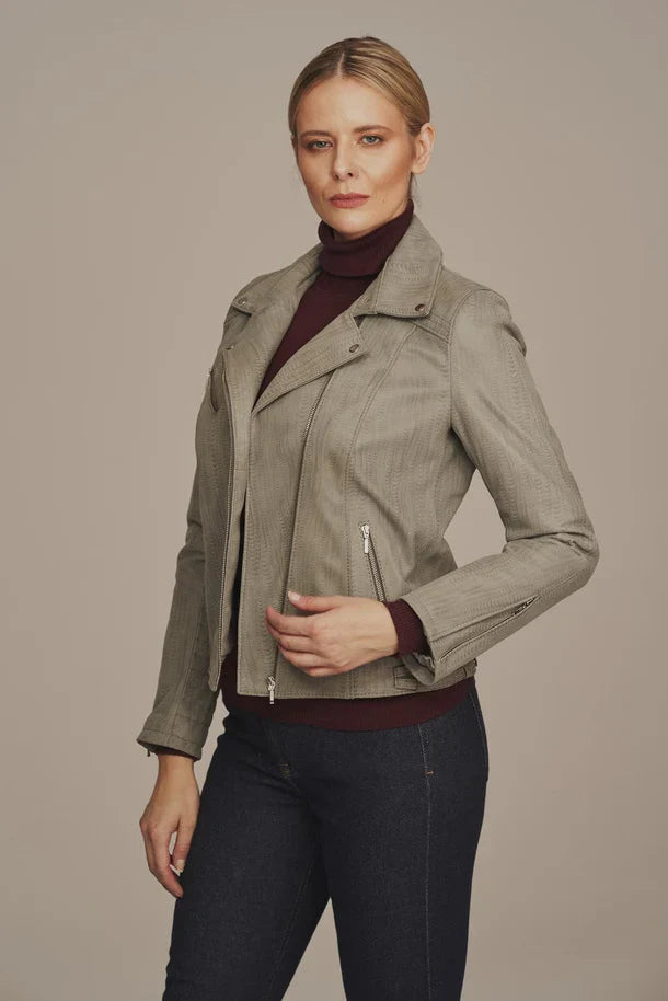 Azyra - Women's Gray Leather Biker Jacket