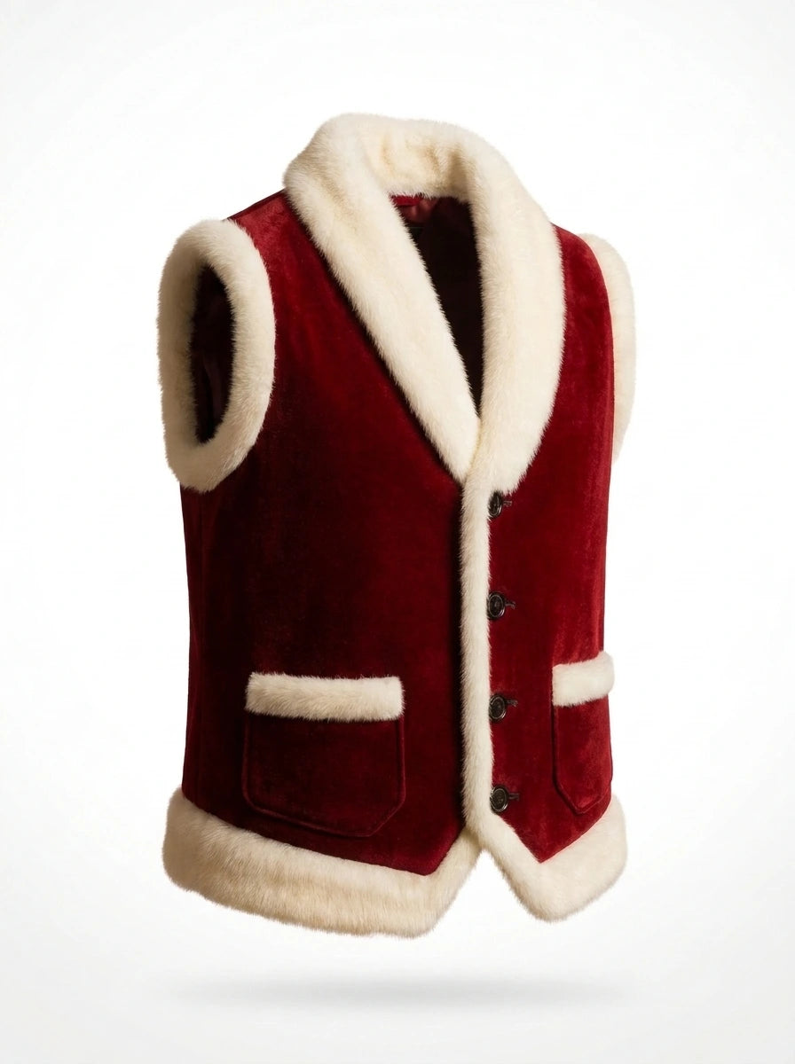 Back view of men’s red suede Santa vest with white faux fur trim
