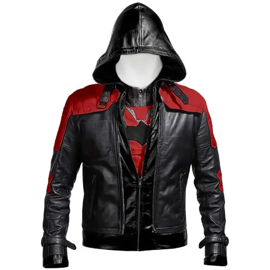 Unwind Leather Batman Arkham Knight Leather Hood Jacket, on a white background.